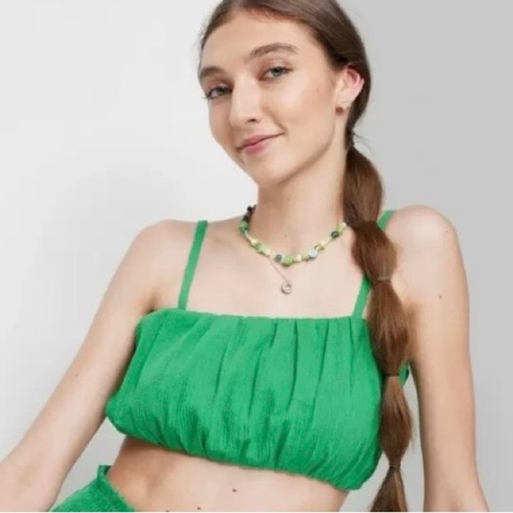 WILD FABLE Green Ruched Woven Bubble Hem Crop Top - Size S